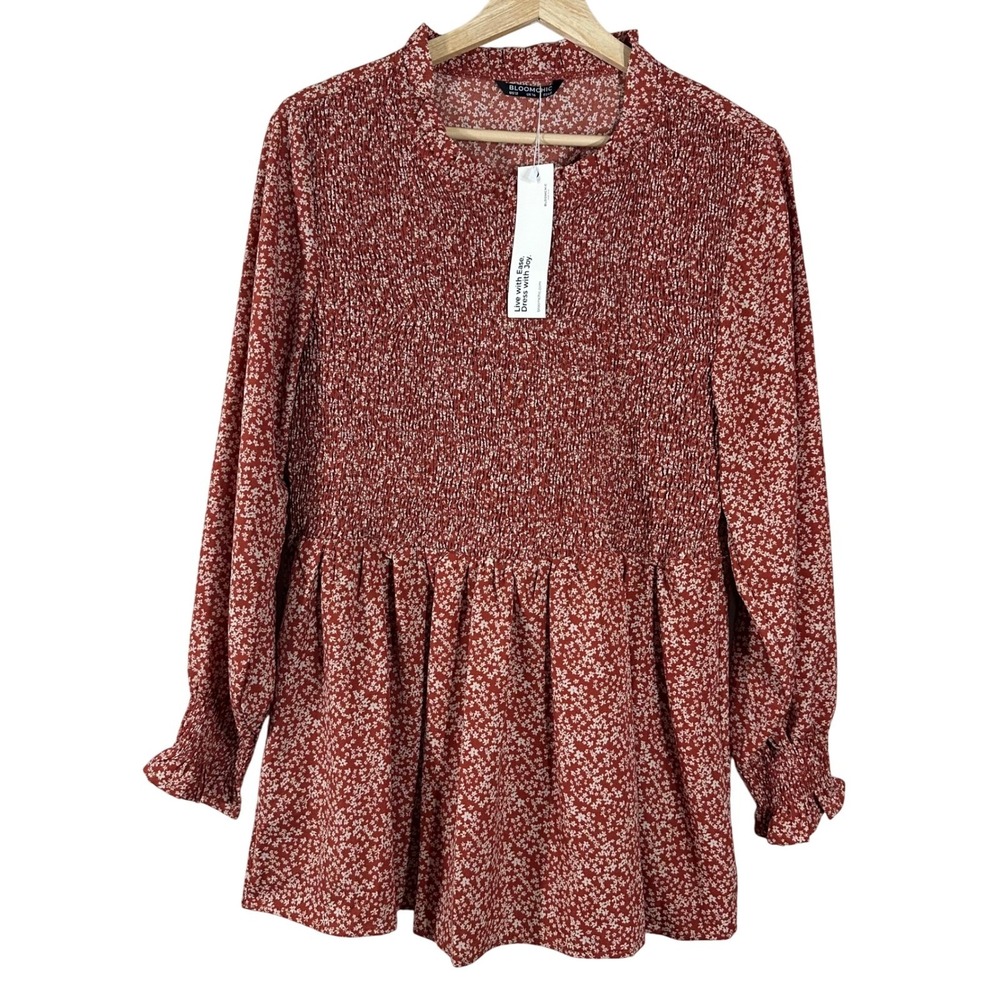 BloomChic Rust Orange Floral Ditsy Smocked Peplum Blouse Top US 12 NEW